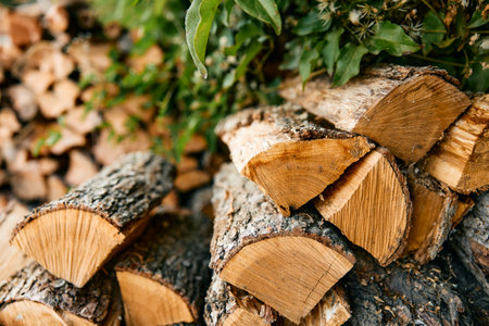 stack of firewood nestled against lush green foliage in natural outdoor setting
