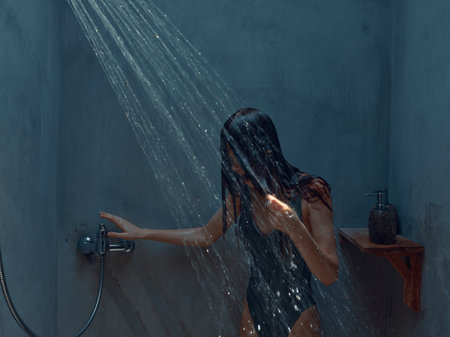 Refreshing shower woman enjoying a relaxing moment standing under the cascading water from the...