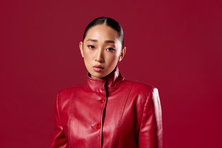 Asian woman in red leather jacket posing against red background beauty and fashion conceptの写真素材