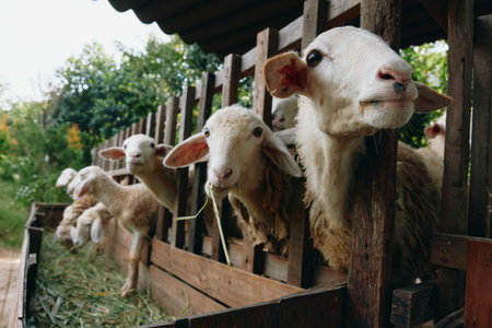 A group of sheep standing in a pen with their heads sticking out of the fence