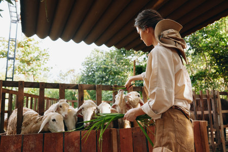 A woman holding a green plant to feed to a flock of sheep in a penの写真素材