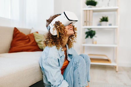 Virtual Reality Joy: Woman Smiling with VR Glasses at Home, Enjoying Futuristic Cyber Game on Sofa