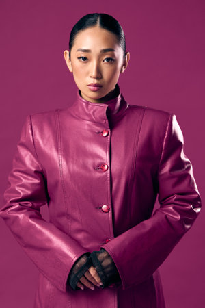 Fashionable asian brunette in a purple leather jacket and black gloves posing confidently against a matching backgroundの写真素材