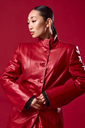 Fashion asian brunette in a red leather jacket posing against a red background with hands on hipsの写真素材