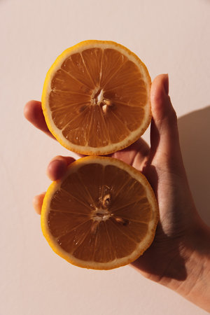 Person holding two halves of an orange in front of a white background, with a reflection of the...