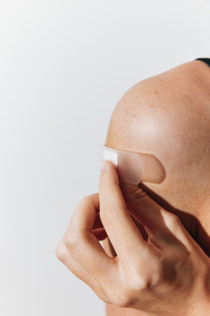 Woman applying white bandage on her arm and shoulder