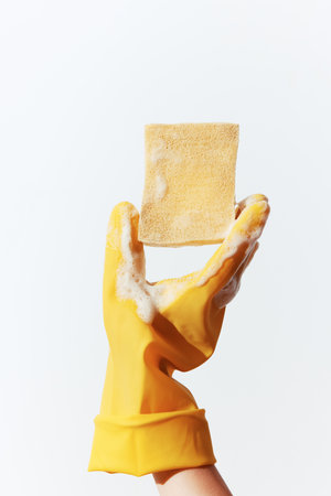 Person in yellow rubber gloves holding soap and sponge on white backgroundの写真素材