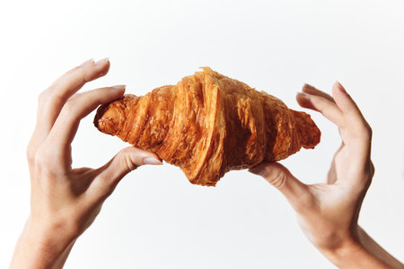 Two hands holding a croissant in front of a white backgroundの写真素材