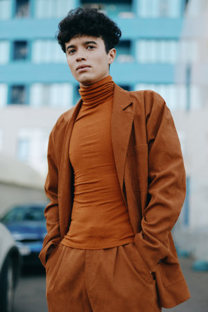 Young man in autumn fashion, wearing an orange outfit against a blue urban backgroundの写真素材