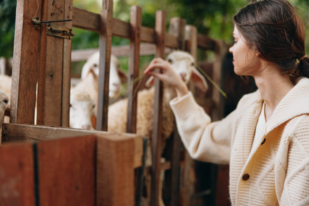 A woman in a sweater petting a sheep in a fenced in pen with other sheep in the backgroundの写真素材