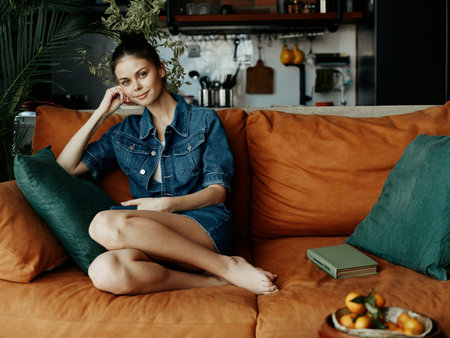 Cozy home interior with woman sitting on orange couch in front of coffee table and bookshelfの写真素材