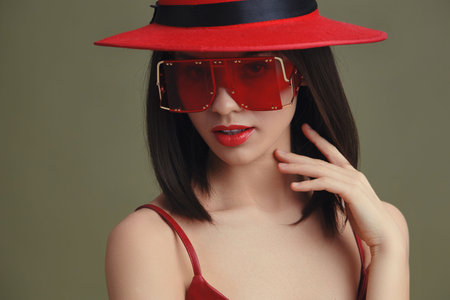 Red hat, sunglasses a woman in a stylish red hat and dark sunglasses poses with her hand on her chin, gazing thoughtfully to the side, capturing a sense of elegance and contemplationの写真素材
