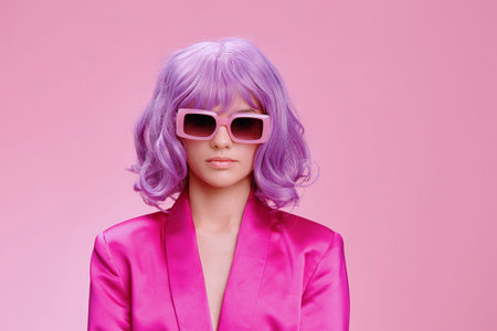 Purplehaired woman in sunglasses and a pink suit stands confidently against a matching pink background, showcasing a bold and vibrant fashion choiceの写真素材