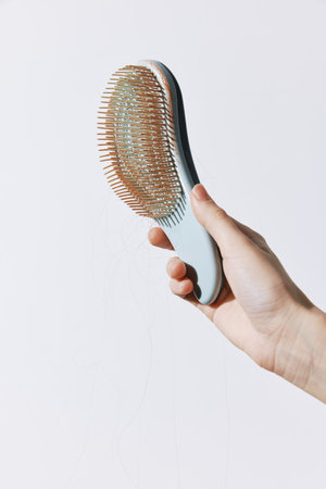 Hand holding a brush with a comb on a white background with hairbrush written on itの写真素材