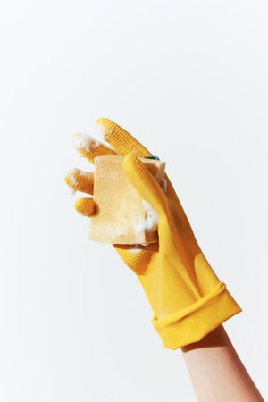 Person in yellow rubber gloves holding up a piece of bread with a sponge on top in front of a white backgroundの写真素材