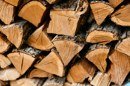 closeup of wood pile with wood and firewood labels firewood suppliesの写真素材