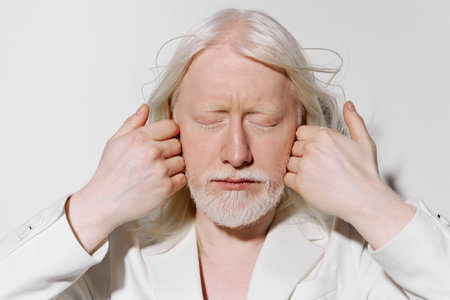 serene expression, white attire, closed eyes, calming ambiance, peaceful atmosphere A person with long white hair and beard holds their ears, embodying tranquility against a neutral backgroundの写真素材