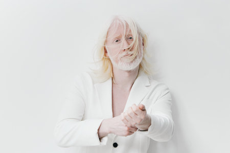 Conceptual portrait of an ethereal figure with white hair against a minimalist white background, capturing emotions of vulnerability and introspection in a striking visual narrativeの写真素材