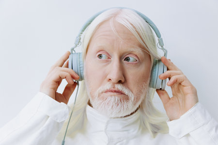 elderly man with white hair listening to music with headphones in a bright white background,...