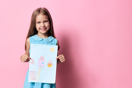 Little girl in a blue dress holding a piece of paper on a vibrant pink background, smiling joyfullyの写真素材