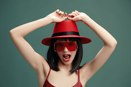 Woman in a red hat and sunglasses holding her head, wearing a stylish red hat, expressing surprise...