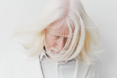 Portrait of a man with long white hair, dressed in a white suit, creating a serene atmosphere The subject shows a contemplative expression, set against a plain white backgroundの写真素材