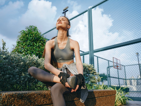 Young woman stretching in sportswear on a sunny day outdoors with greenery and urban backgroundの写真素材