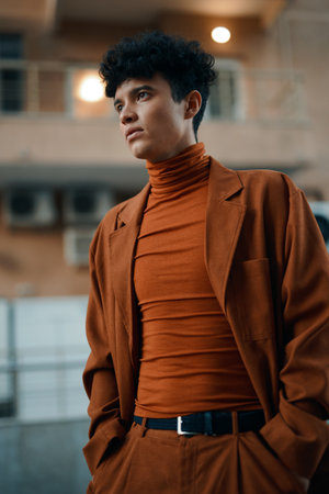 Young man in stylish brown outfit against urban background looking thoughtfulの写真素材