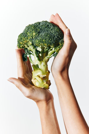 Person holding broccoli on white backgroundの写真素材