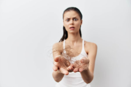 Hair loss, concern, beauty, health issues, woman with hair in hands against white background, emotional expression of shock and worry about thinning hairの写真素材