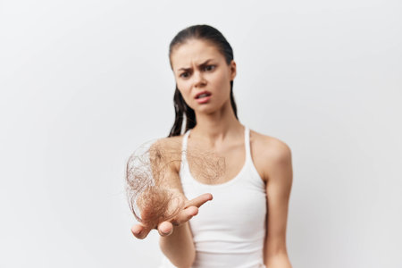 Hair loss anxiety, woman with tangled hair in hand, worried expression, white background, wellness concept, stress from hair thinning, self care focus, personal grooming issues, beauty dilemmasの写真素材