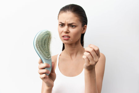 Hair care, hair loss, beauty routine, brushing hair, concerned expression, hairbrush in hand, white background, healthy hair struggles, woman examining hair strandsの写真素材