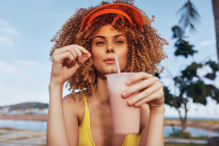 Young woman enjoying a smoothie by the beach in a sunny setting with palm trees in the backgroundの写真素材