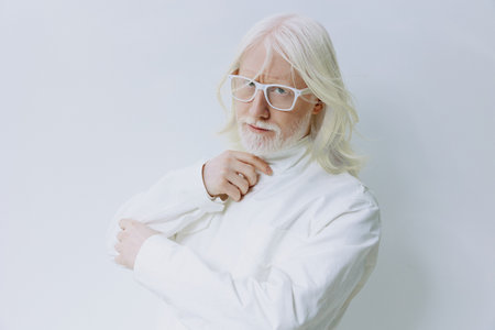 Portrait of a stylish elderly man with long white hair and glasses, wearing a white turtleneck sweater against a soft white background, conveying elegance and sophisticationの写真素材