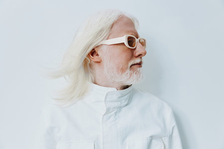 elderly man with long white hair and glasses, wearing a white jacket against a light background, showcasing wisdom and serenity, representing age, experience, and individualityの写真素材