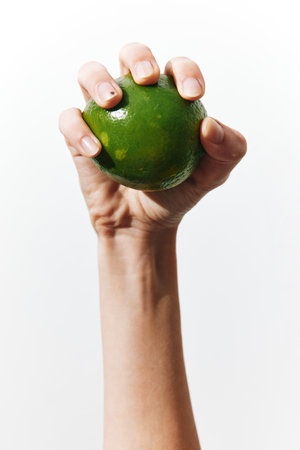 A hand holding a green fruit on a white backgroundの写真素材