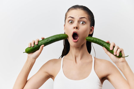 Surprised woman holding cucumbers in a playful manner, with a shocked expression White background creates a bright, light atmosphere, emphasizing her playful poseの写真素材