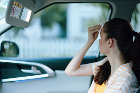 Stress, discomfort, woman in car, heat exhaustion, fatigue A woman is sitting in a car looking...