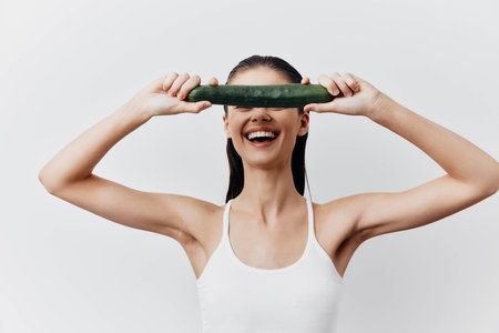 Smiling woman holding cucumber in front of her face on white background, healthy lifestyle, fresh food, natural beauty, happy expression, trendy concept, wellness inspirationの写真素材
