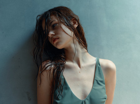 Relaxing by the pool woman in green swimsuit leaning against wall with hand on headの写真素材