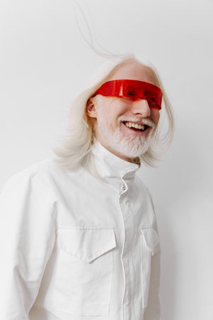 Modern portrait of a smiling elderly man with long white hair wearing futuristic red sunglasses...