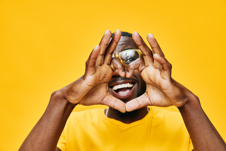 Happy young man making a heart shape with hands, smiling brightly against a vibrant yellow background Energetic expression captures joy and positivity in a playful momentの写真素材