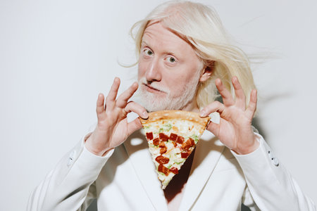 Portrait of a man with long white hair holding a slice of pizza, expressing joy in a minimalist...