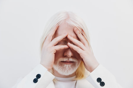 Stress, frustration, mental health, portrait of a man with white hair and beard, hands on face,...