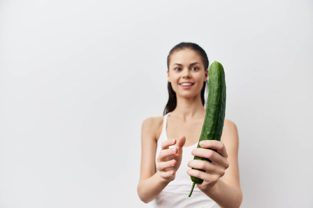 Woman holding a cucumber against a white background, smiling, conveying healthy eating and fresh vegetables Ideal for lifestyle and nutrition related themesの写真素材