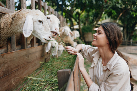 A woman feeding sheep from a wooden fence in a zooの写真素材