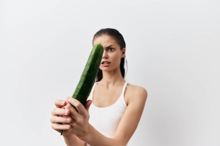 woman with a cucumber in her hand on white backgroundの写真素材