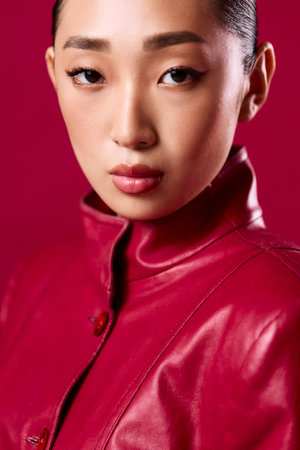 Fashionable asian woman in red leather jacket posing confidently against a red background in a studio settingの写真素材