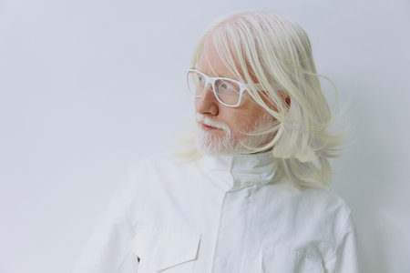 Elderly man with long white hair and glasses, wearing a white outfit, looking thoughtfully to the side against a plain light background that enhances his features and expressionの写真素材