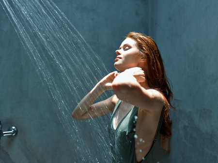 Refreshing morning shower with water streaming down on a woman standing in a modern bathroomの写真素材